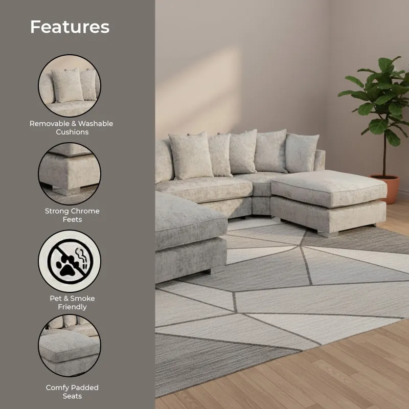 Modern Grey Alaska Large U Shape Corner Sofa with Moveable Footstool Family Couch