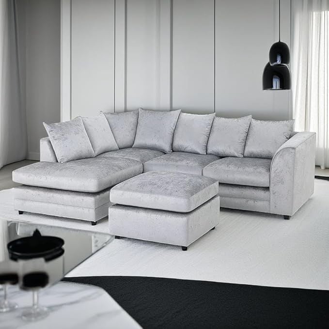 Modern L Shape Corner Sofa – Soft Crush Velvet 4 Seater with Footstool