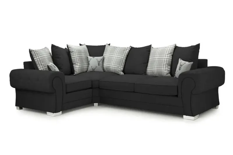 Black Verona L-Shaped Sofa – Chesterfield 4 Seater Modular Corner Couch with Soft Scatter Back Cushions