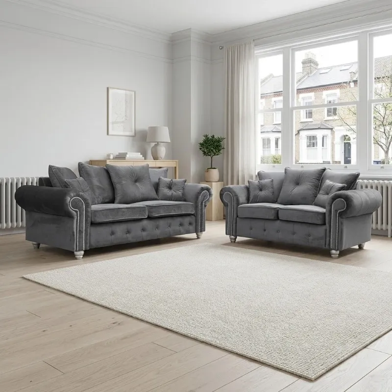 Ashwin 3/2 Seater Sofa Suite Plush velevt 3 Seater 2 Seater Grey Couch