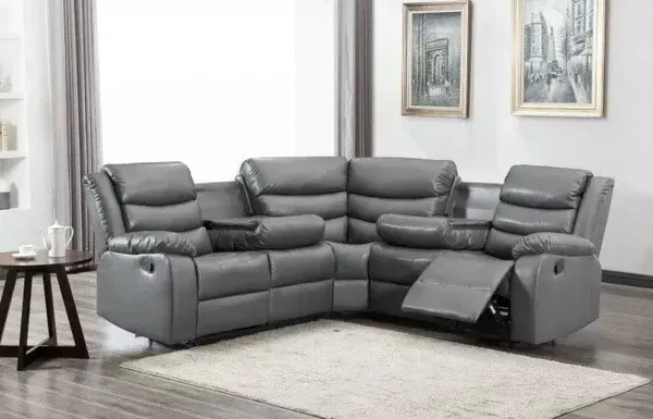 Grey Roma Leather Recliner Corner Sofa With Cup Holders