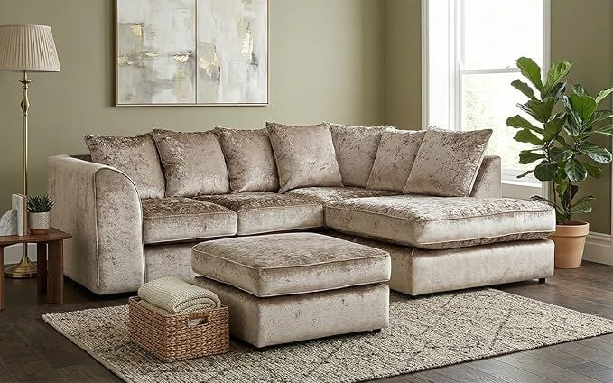 Mink Crushed Velvet Corner Sofa with Footstool  Memory Foam Cushions – Modern Sectional Sofa for Living