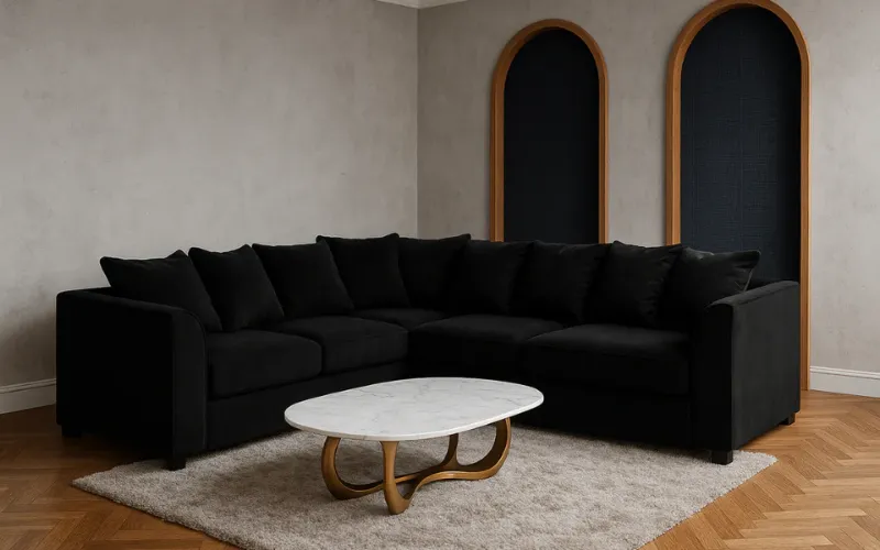 Modern 2C2 Black Corner Sofa 5 Seater L Shape Plush Velvet Couch