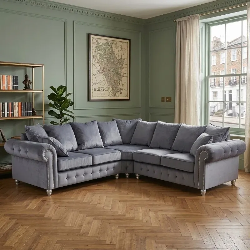 Grey Plush Velvet Nicole Chesterfield 2C2 Sofa Suite Scatter Back Tufted Arm