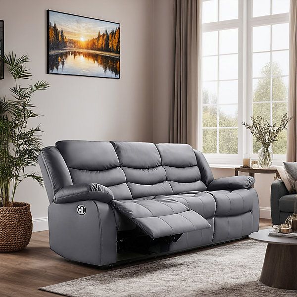 Roma light Grey Leather Recliner Sofa 3+2 Seater Set Couch With Cup Holders