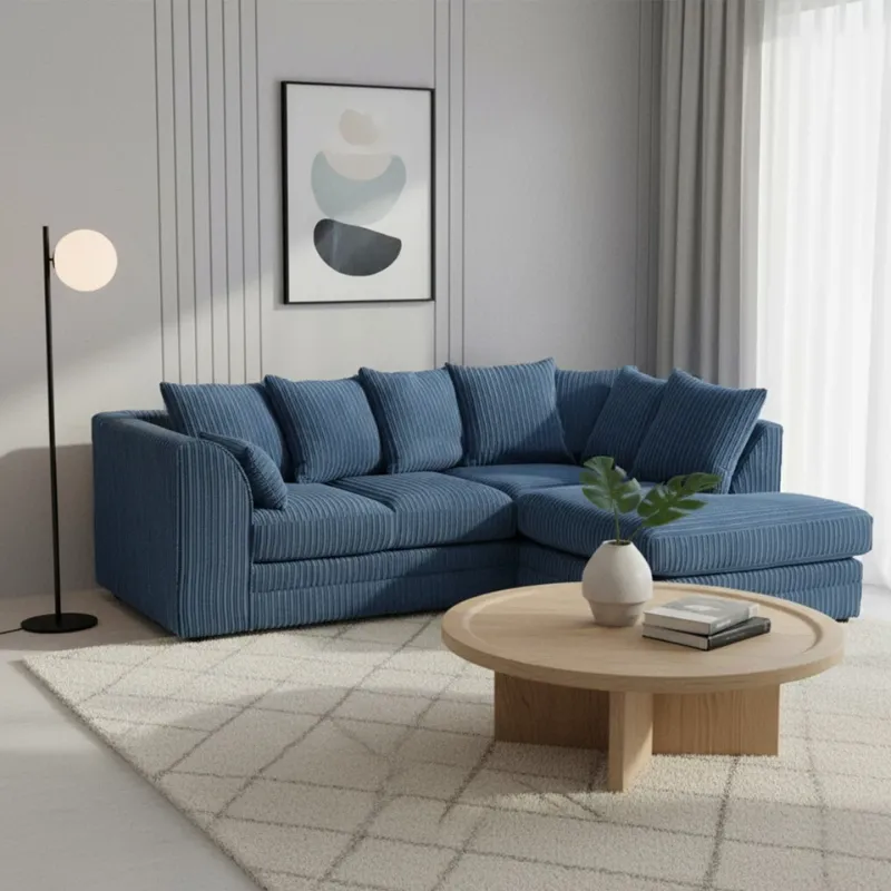Mid Night Modern Blue Couch Jumbo Cord Soft Fabric 4 Seater Sofa Suite Right/Left Hand Facing