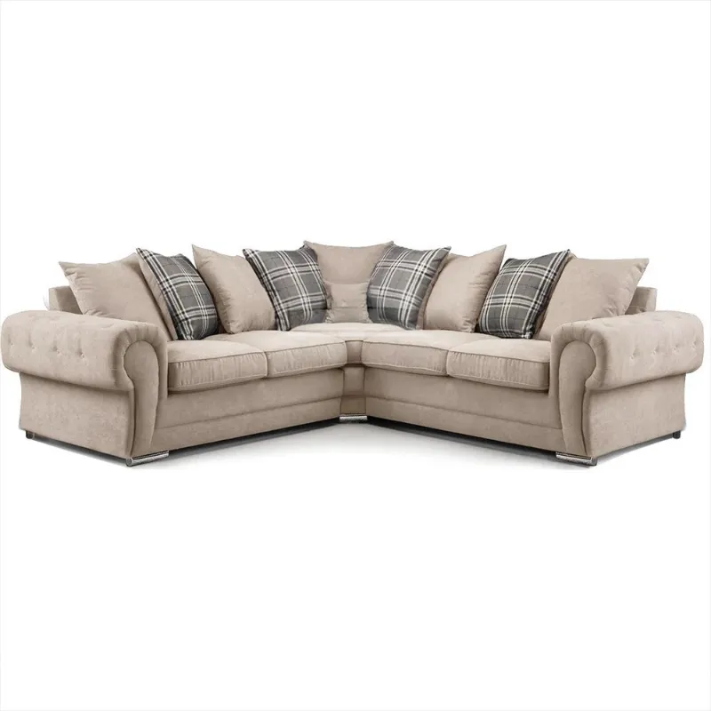Verona Chesterfield Style Corner Sofa – Beige Large 5 Seater L-Shaped Sectional Couch with Scatter Back Cushions