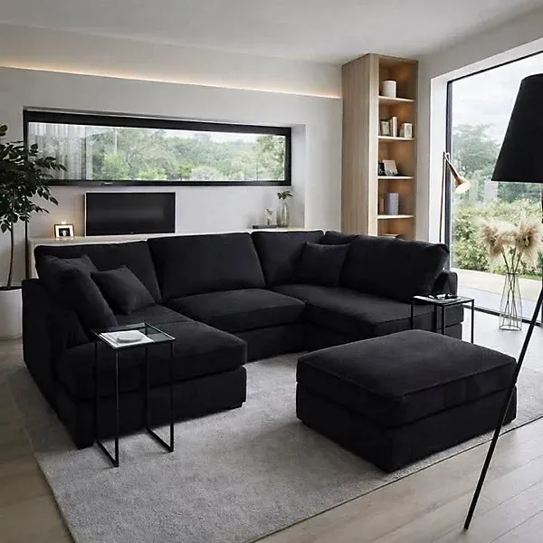 Black Carnaby Plush Velvet  Cinme U-Shape Corner Couch Moveabe Footstool