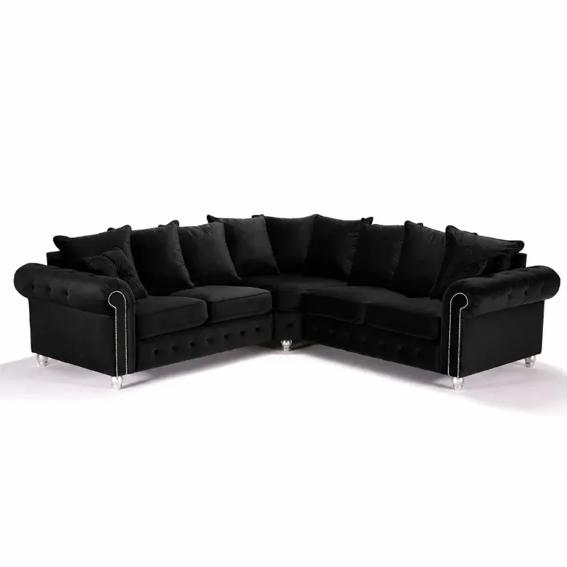Black 2C2 Nicole Chesterfield Corner Couch Plush Velvet Comfy 3/2 Settee Sofa Footrest