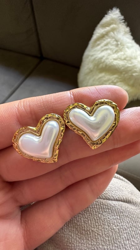 Aros con perla forma de Corazón - Acero Dorado