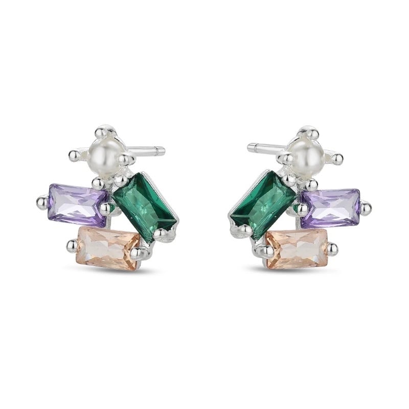 Aros con cristales y perla - Plata 925