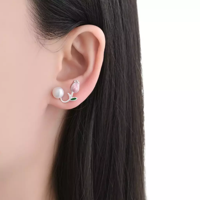 Aros rosas esmaltados con perla - Plata 925