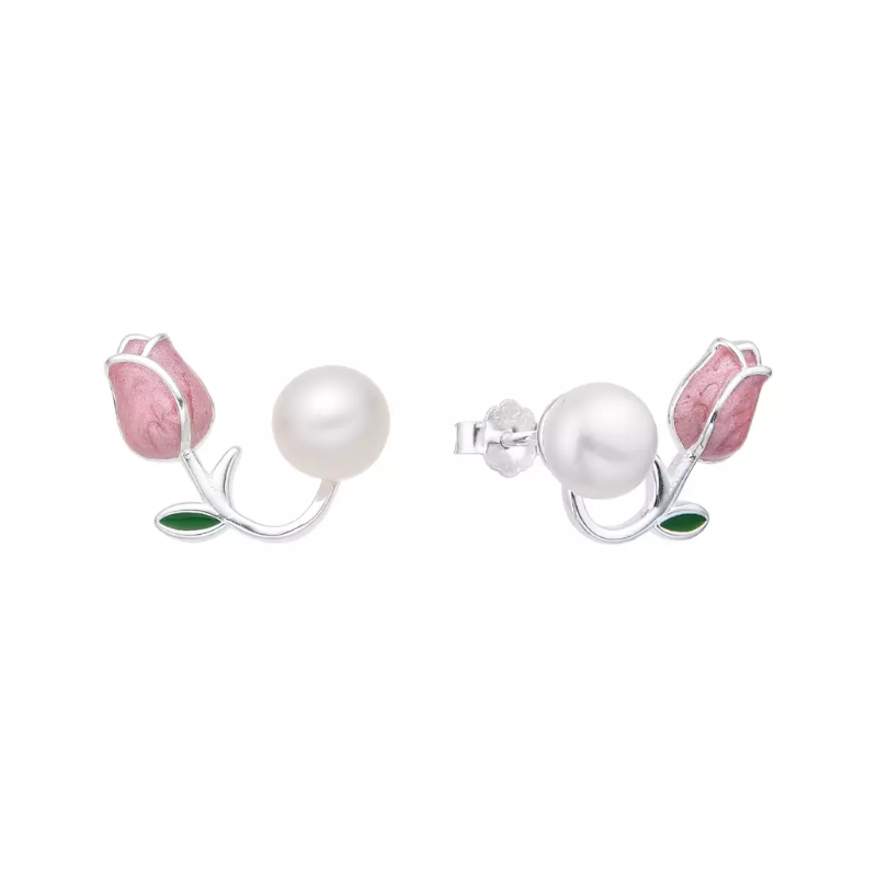 Aros rosas esmaltados con perla - Plata 925