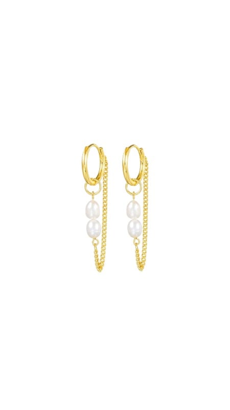 Argollas 17mm. con cadena y perlas -
Cobre con baño en oro 18K.