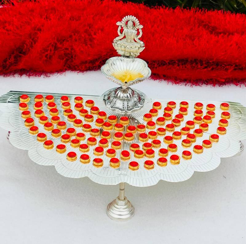 Pure German silver  Ashtotram stand with  108 Red/ green flower & MAHA LAXMI DIYA