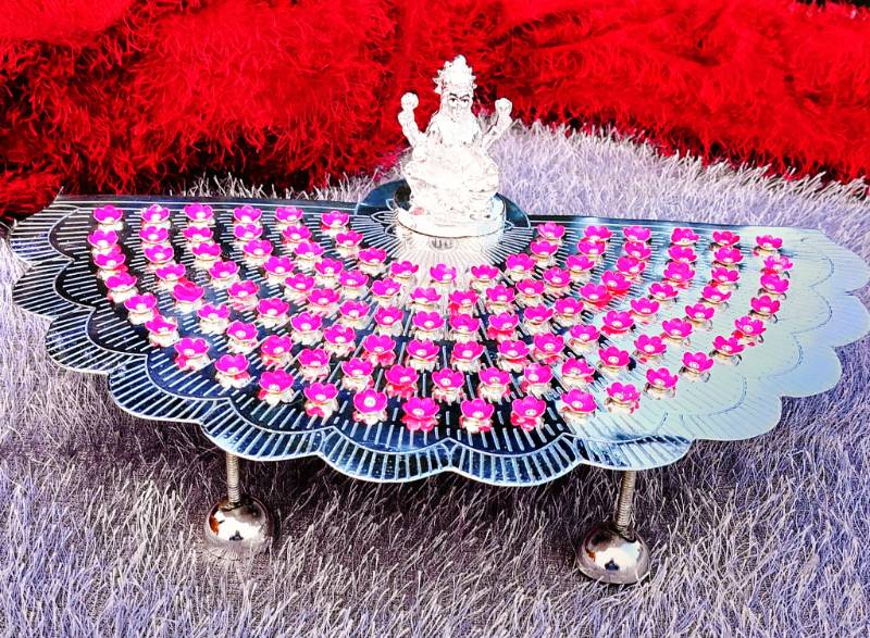 Pure German silver Ashtotram stand with 108 pink lotus flower & laxmi idol