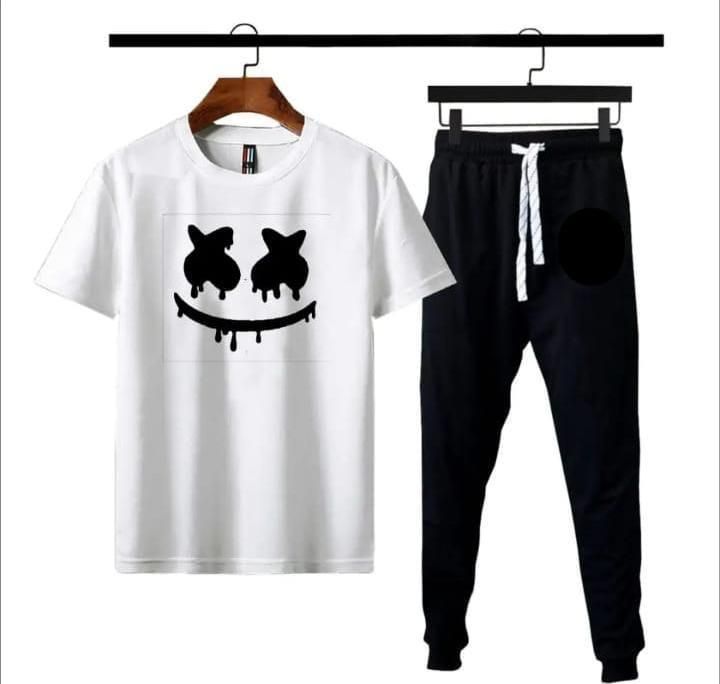 Men Printed Track Suit White Black Polyester Medium to XL