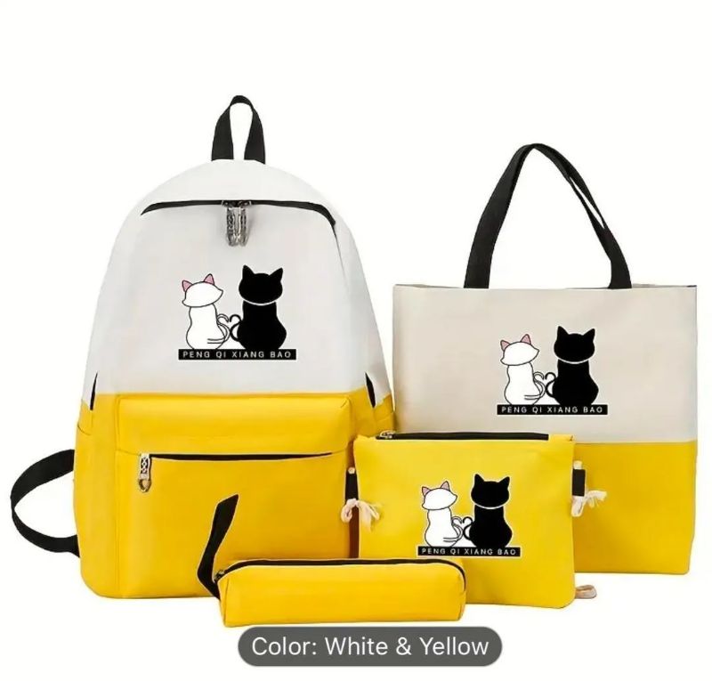Black Printed 4 pcs cat design backpack