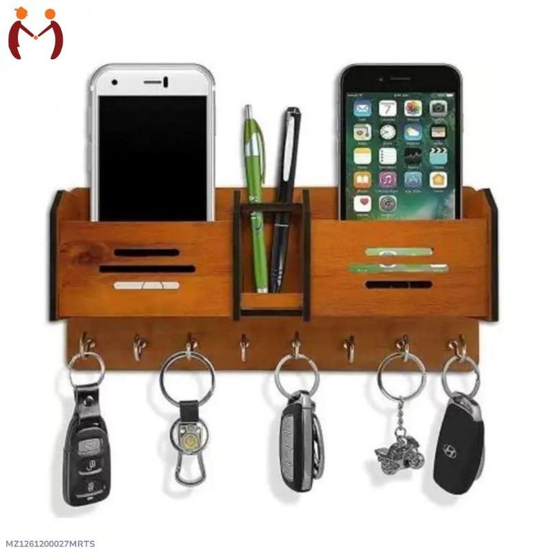 Wooden Double Pocket Mabile Holder And Key Holder Wall Mount