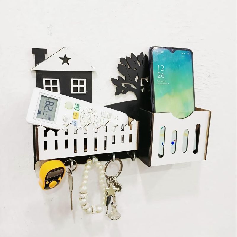 Modern Black Wooden Key Holder with Phone and remote stand