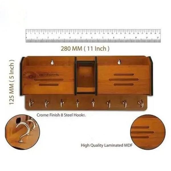 Wooden Double Pocket Mabile Holder And Key Holder Wall Mount