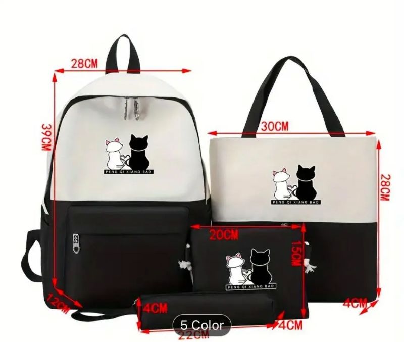 Black Printed 4 pcs cat design backpack