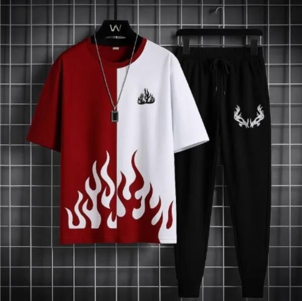 Men's Red White Flame Printed Track Suit 2Pcs Slim Fit