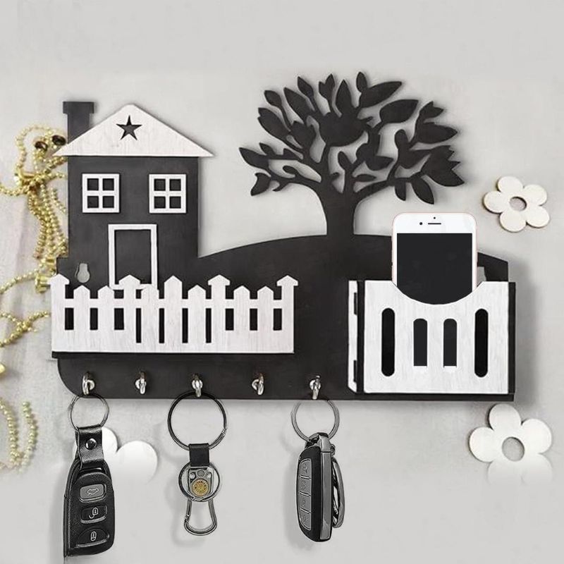 Modern Black Wooden Key Holder with Phone and remote stand