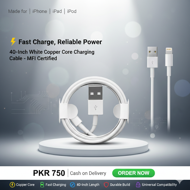 40-Inch Lightning White Copper Core Charging Cable