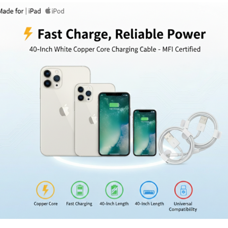 40-Inch Lightning White Copper Core Charging Cable