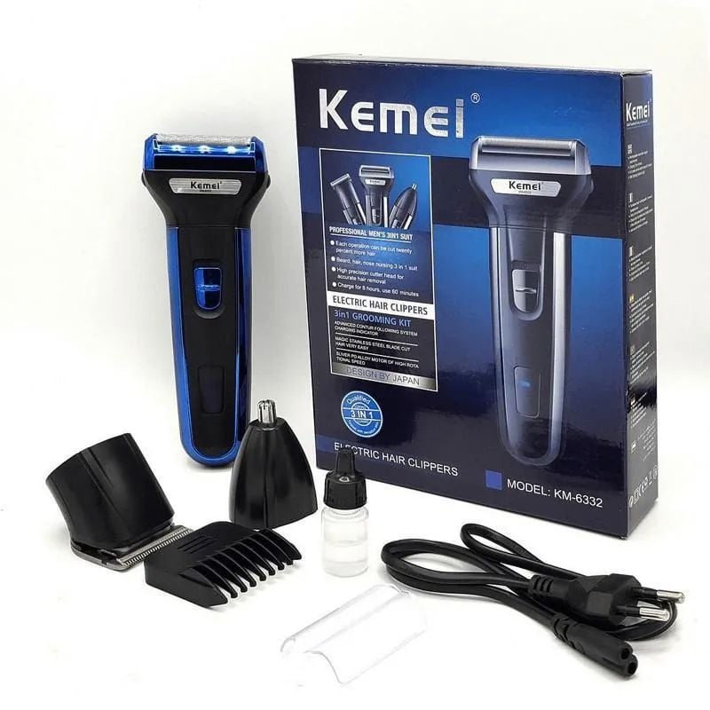 Men 3in1 Hair Trimmer Kit Silver Blue KM-633