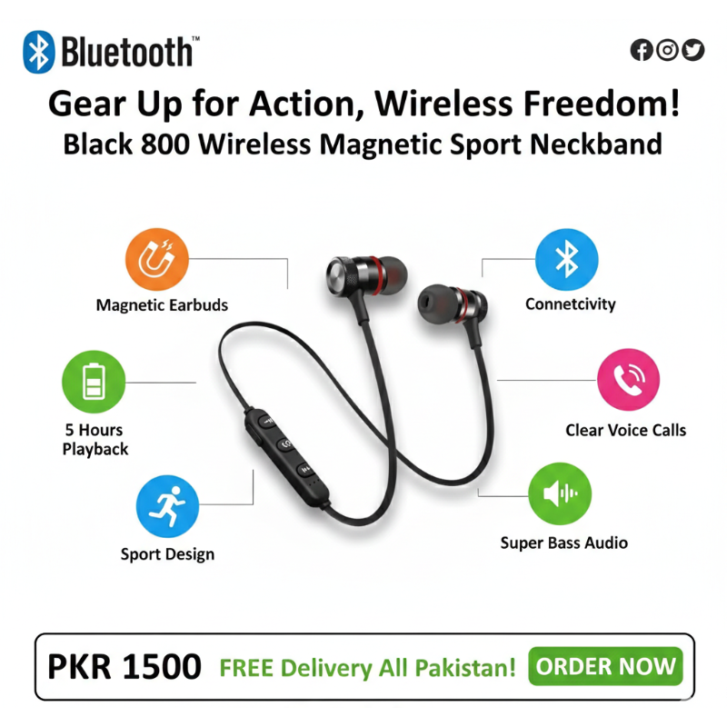 Black 800 Wireless Magnetic Sport Neckband