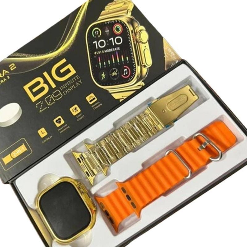 Gold Smart Watch with Orange Strap & Bluetooth 5.3