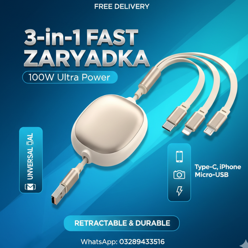 : 3 in 1 Charging Cable 100W Fast Charging Cable | Type-C, iPhone, Micro USB Durable & Compact