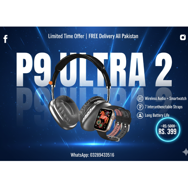 P9 Ultra 2 Tech Bundle – Headphones + Smart Watch + 7 Straps