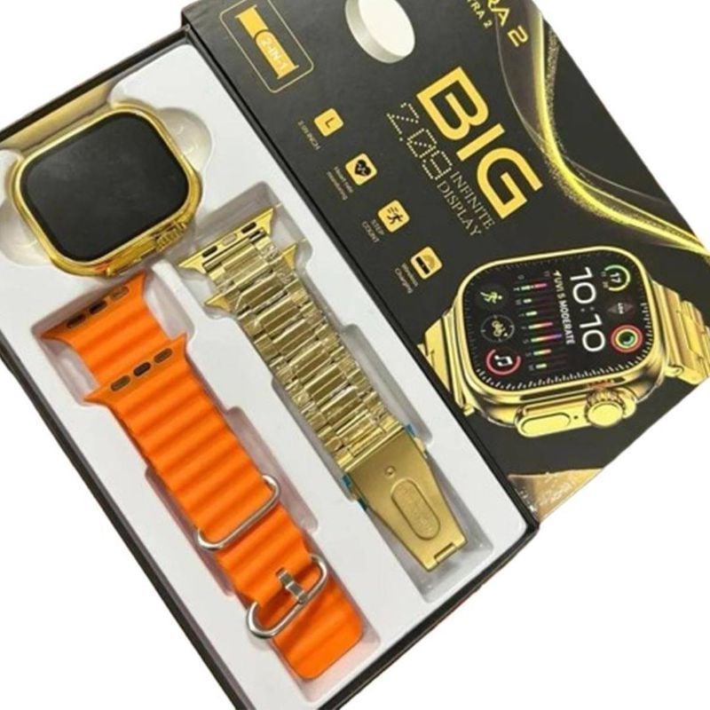 Gold Smart Watch with Orange Strap & Bluetooth 5.3