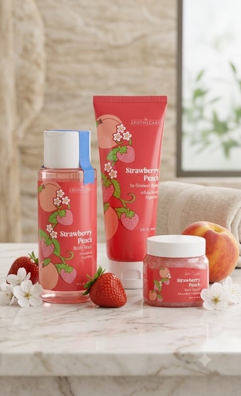 SET JABON DE BANO,CREMA Y EXFOLIANTE STRAWBERRY PEACH