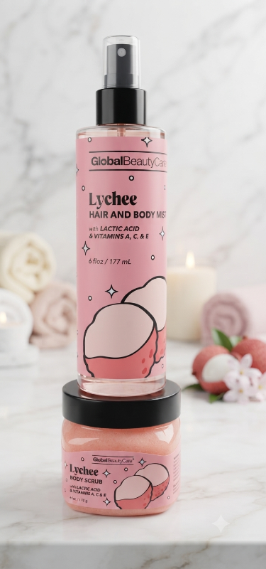 SET DE BODY MIST CUERPO Y CABELLO Y EXFOLIANTE LYCHEE