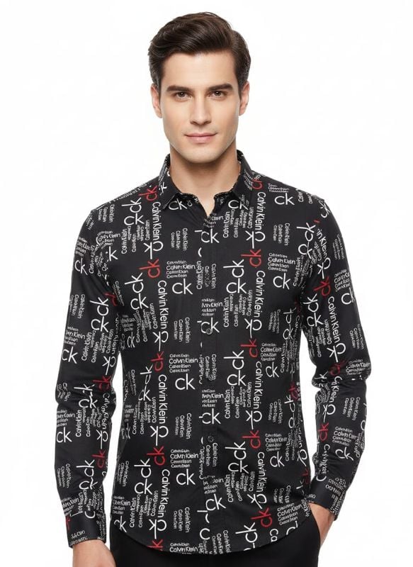 Men's Black Printed Logo Shirt | Designer Pattern Long Sleeve | Casual Button Down Shirt