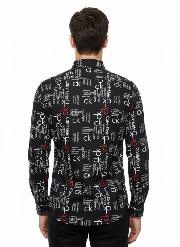 Men's Black Printed Logo Shirt | Designer Pattern Long Sleeve | Casual Button Down Shirt