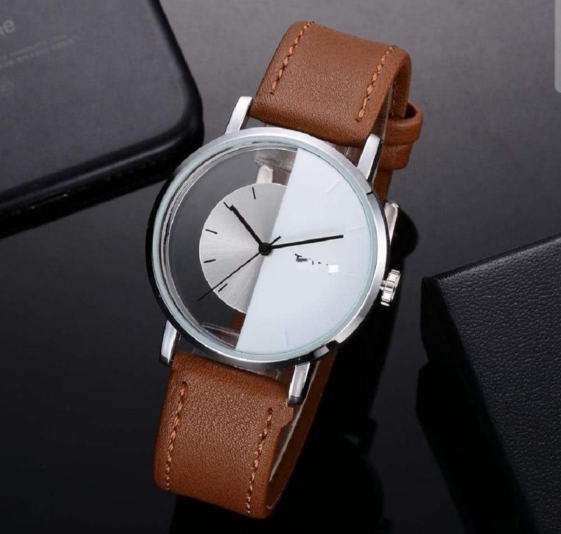 Men's Quartz Round Dial Leather Strap Watch - 1 Pc
