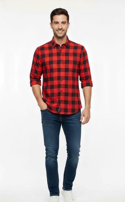 Men's Red Black Plaid Flannel Shirt - Long Sleeve Checkered Button Down Casual Shirt