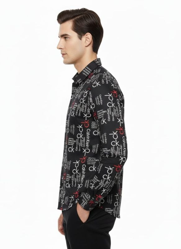 Men's Black Printed Logo Shirt | Designer Pattern Long Sleeve | Casual Button Down Shirt