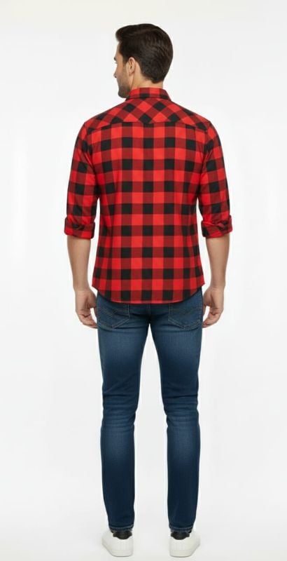 Men's Red Black Plaid Flannel Shirt - Long Sleeve Checkered Button Down Casual Shirt