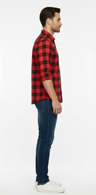 Men's Red Black Plaid Flannel Shirt - Long Sleeve Checkered Button Down Casual Shirt