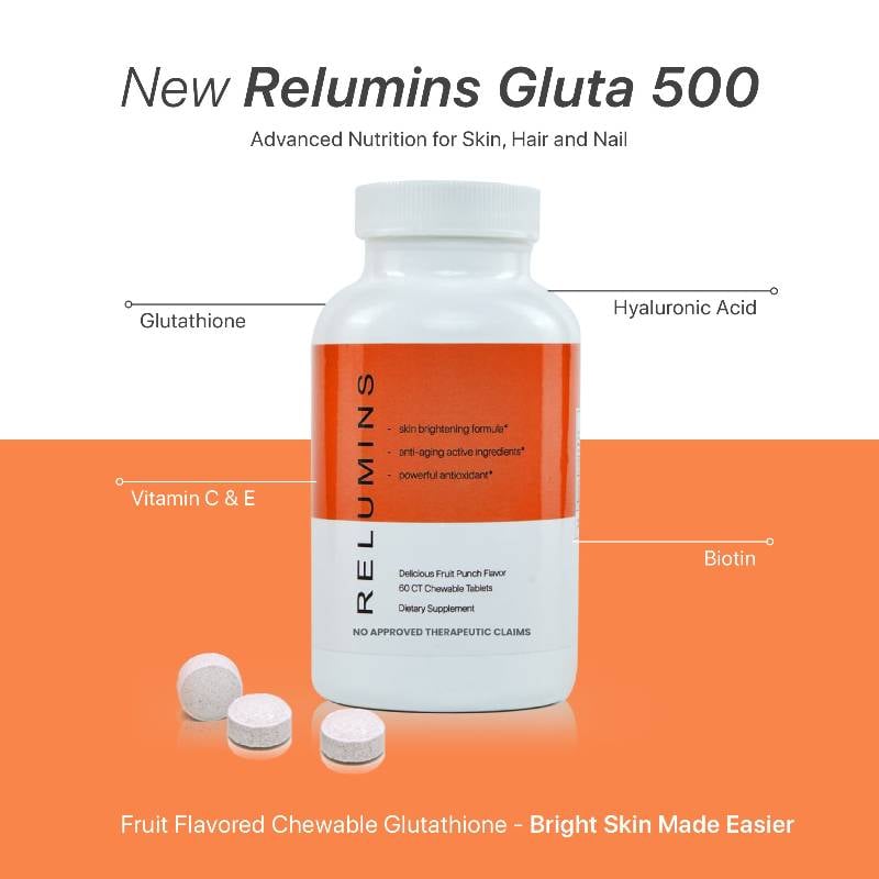 Relumins Gluta 500 - Chewable Glutathione Complex With Advanced Skin Nutrition - Hyaluronic Acid, Vit C, Biotin plus 4 powerful actives - Fruit Punch Flavored Chewable Tablets