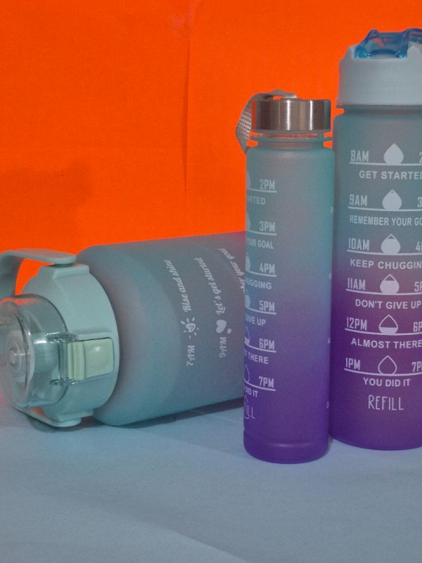 Drinking Water Bottle with Times to Drink and Straw, Motivational with Carrying Strap,