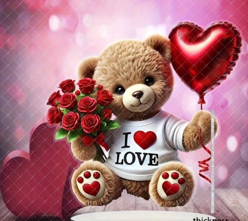 2D Flat Acrylic Tabletop Display Plaque Siting Bear with heart and flowers