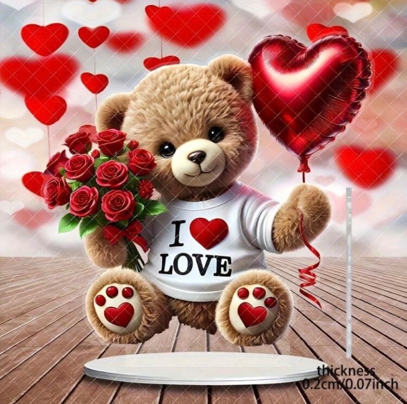 2D Flat Acrylic Tabletop Display Plaque Siting Bear with heart and flowers