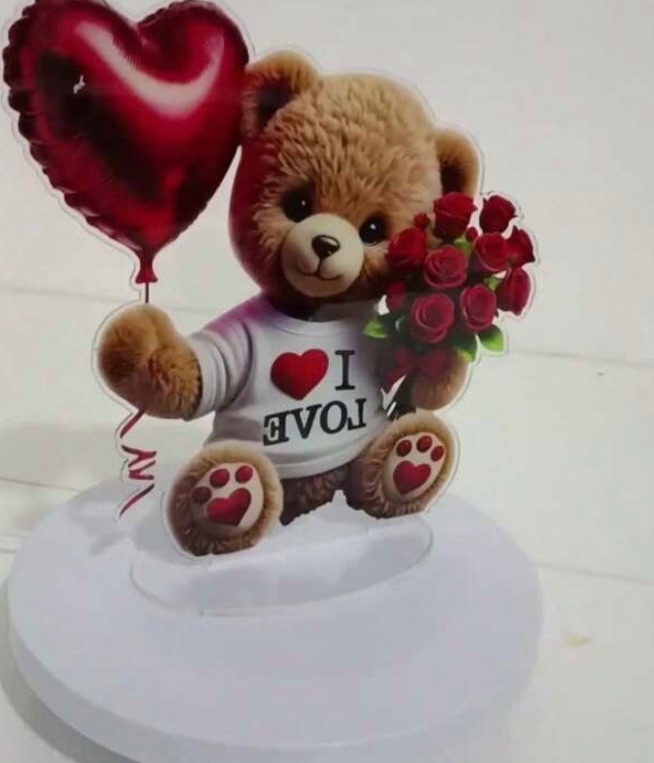 2D Flat Acrylic Tabletop Display Plaque Siting Bear with heart and flowers